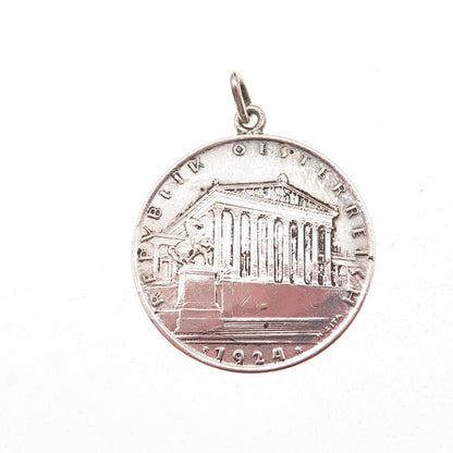 800 Silver Antique 1924 Austrian 1 Schilling Engraved Coin Pendant