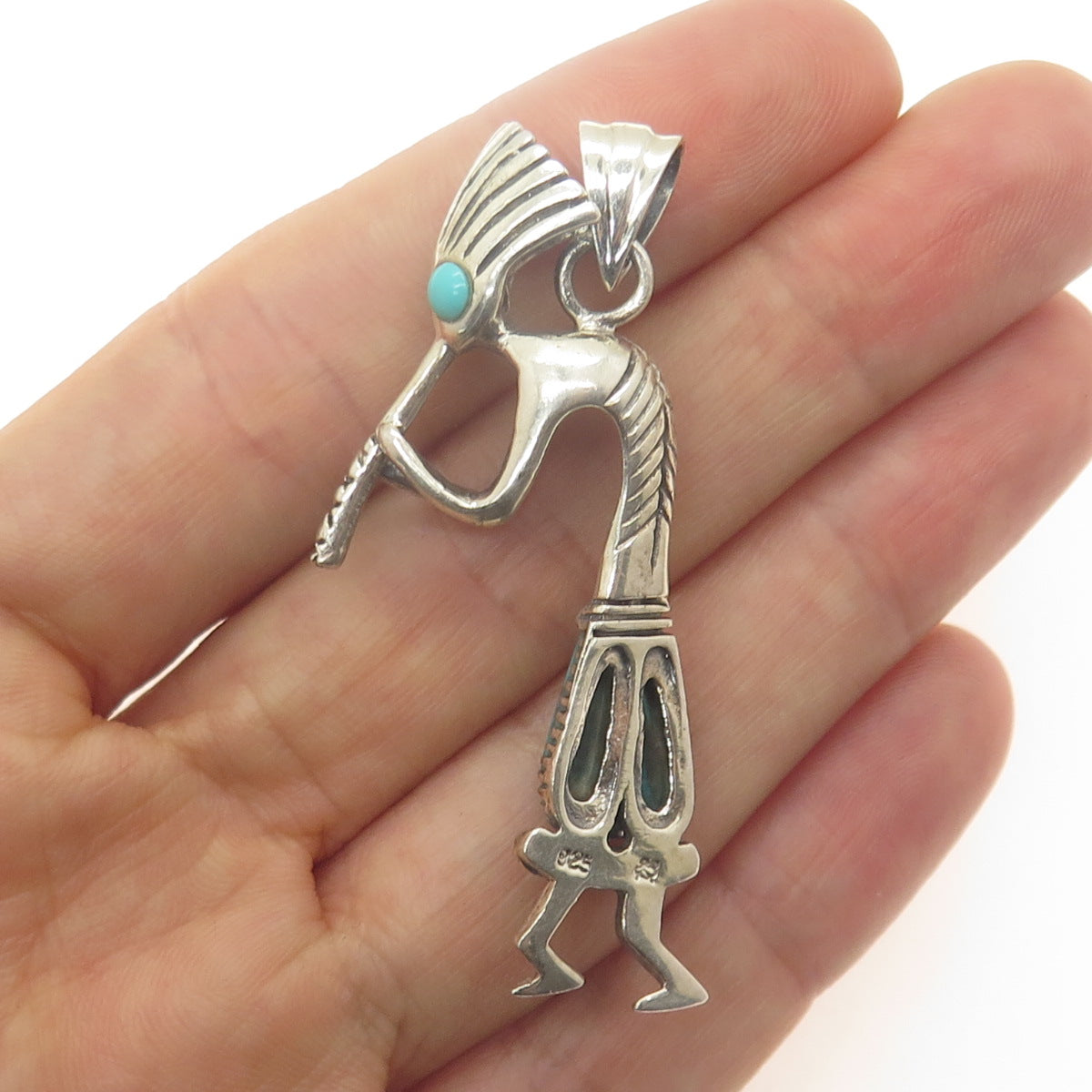 RENEGADE JEWELRY 925 Sterling Silver Vintage Turquoise Kokopelli Tribal Pendant