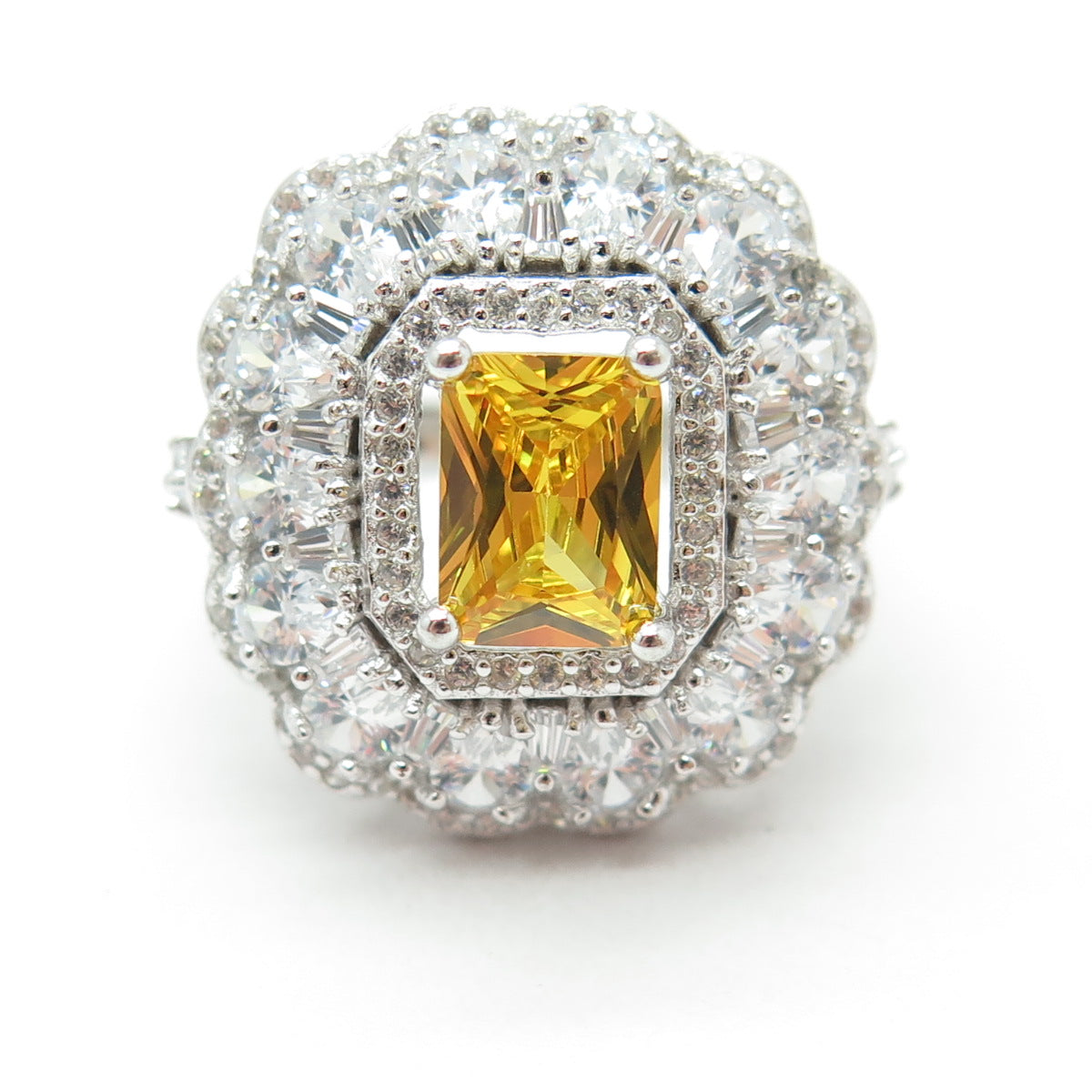 925 Sterling Silver Nano Citrine & Multi-Cut C Z Ring Size 8