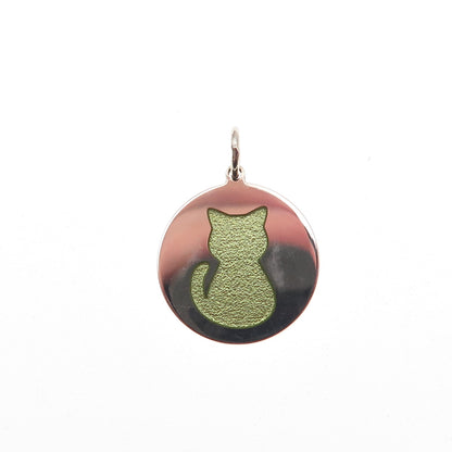 925 Sterling Silver Green Enamel Cat Round Tag Mini Charm Pendant