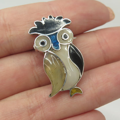 925 Sterling Silver Vintage Mexico Real Onyx Agate MOP Wise Owl Pin Brooch