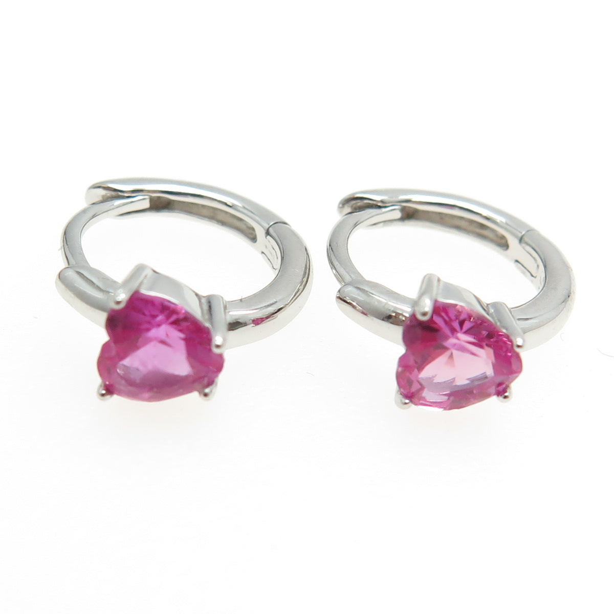 925 Sterling Silver Heart-Cut Pink C Z Hoop Earrings