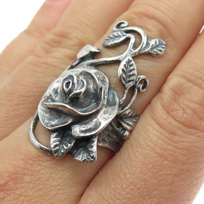 925 Sterling Silver Vintage Rose Flower Statement Oxidized Ring Size 8.25