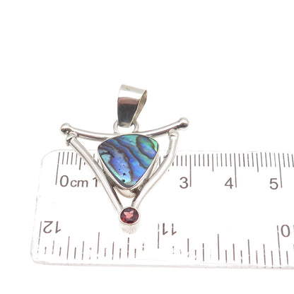 925 Sterling Silver Vintage Real Abalone Shell & Red Garnet Modernist Pendant