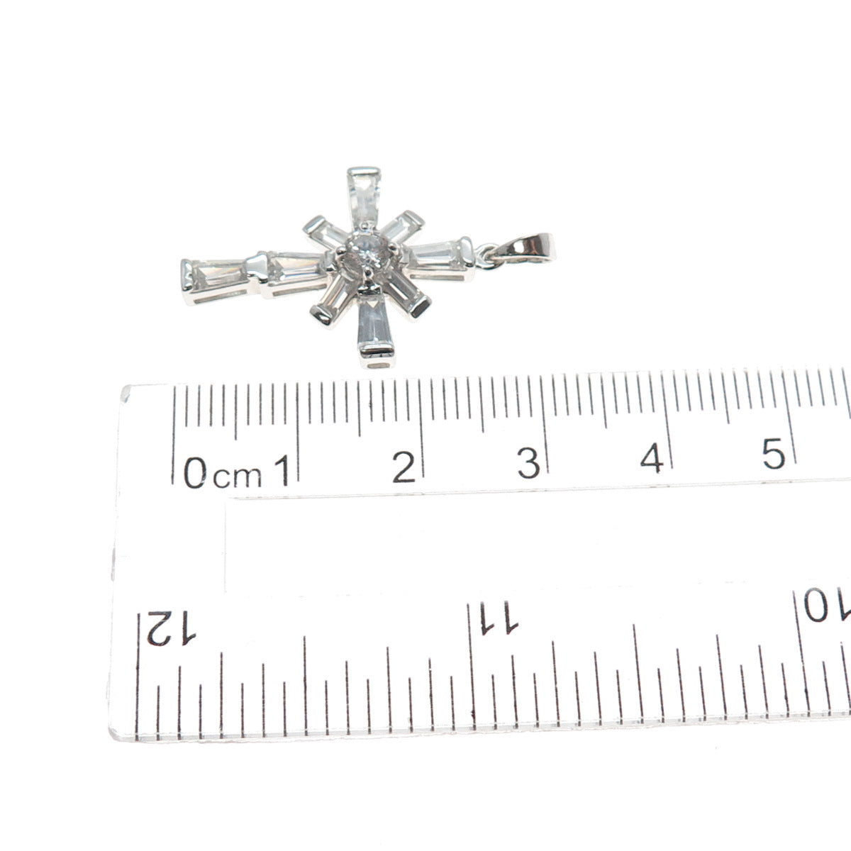 GSJ Gold Stone Sterling Silver Tapered Baguette & Round-Cut C Z Cross Pendant