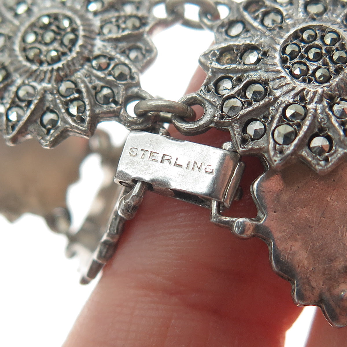 925 Sterling Silver Antique Marcasite Flower Link Bracelet 7" (missing 4 stones)
