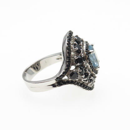 925 Sterling Silver Real Aquamarine & Black Spinel Ring Size 7.25