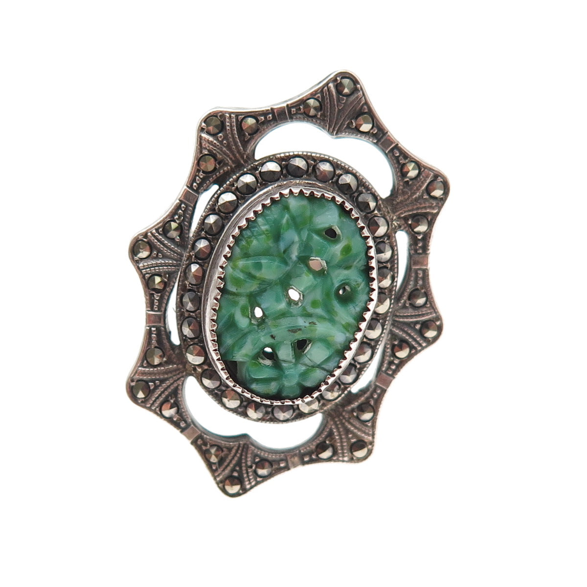 925 Sterling Silver Antique Art Deco Real Jade & Marcasite Oxidized Ring Size 6