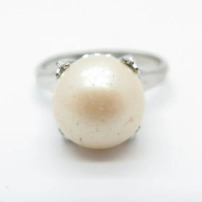 925 Sterling Silver Vintage Faux Pearl Round Ring Size 6