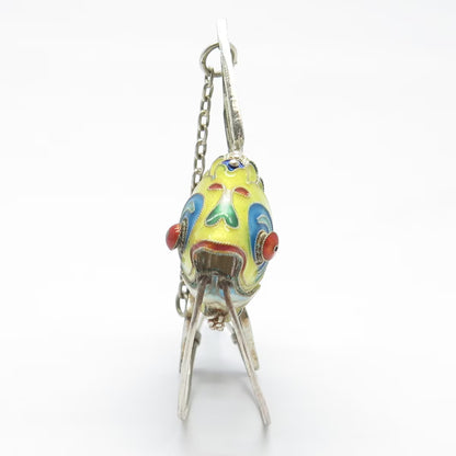 925 Sterling Silver Antique Enamel Chinese Koi Fish Articulated Chatelaine Fob