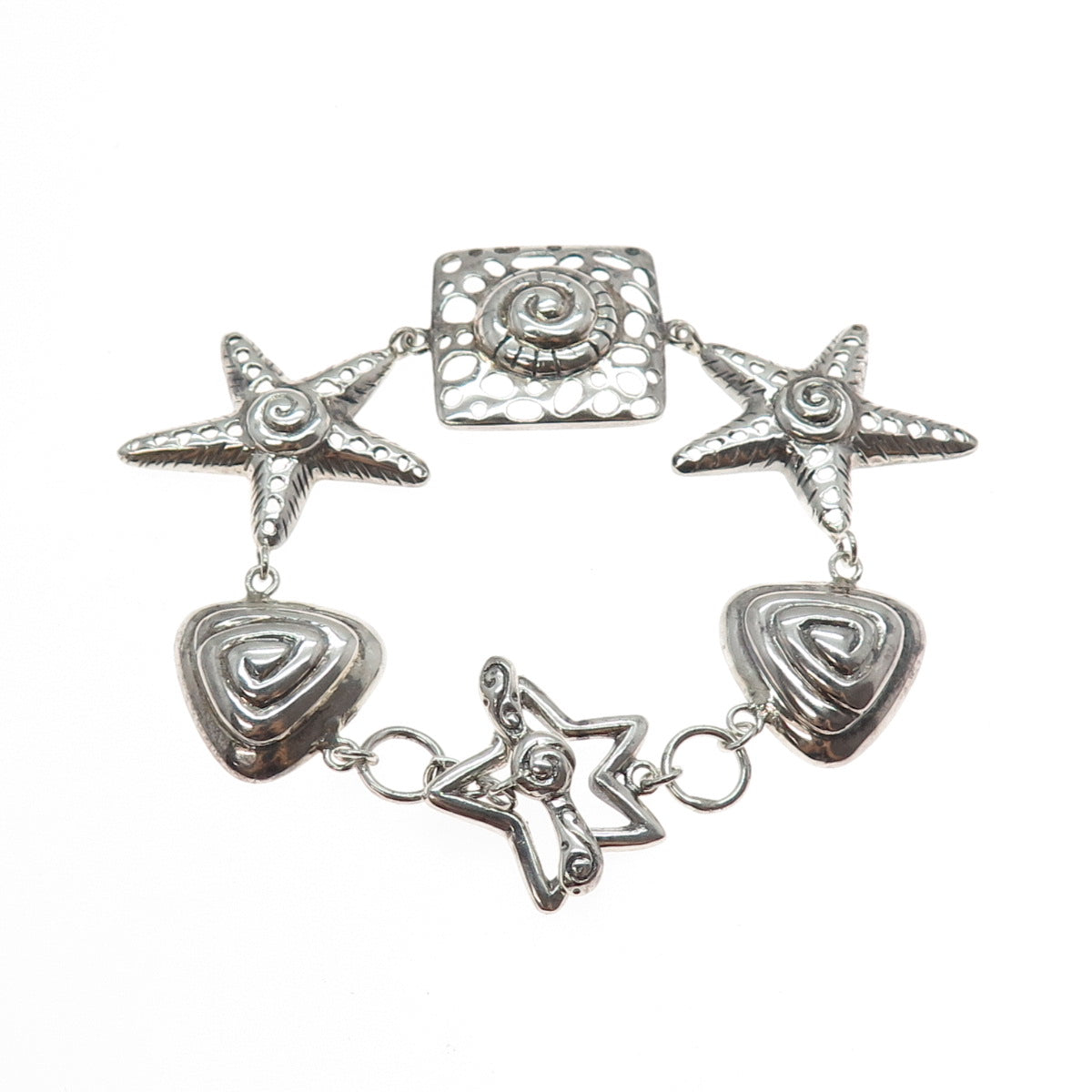 925 Sterling Silver Vintage Seashell Starfish Sea Life Charm Bracelet 6.75"