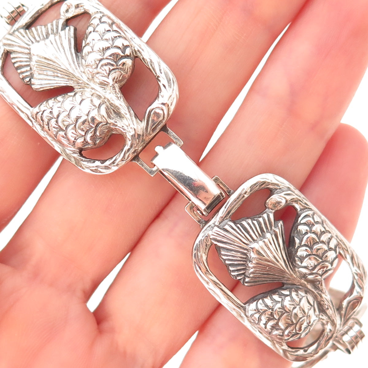 Danecraft Sterling Silver Antique Art Deco Pinecone Panel Link Bracelet 7.25"