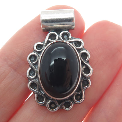 925 Sterling Silver Vintage Real Black Onyx Floral Oxidized Slide Pendant
