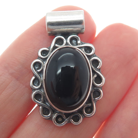 925 Sterling Silver Vintage Real Black Onyx Floral Oxidized Slide Pendant