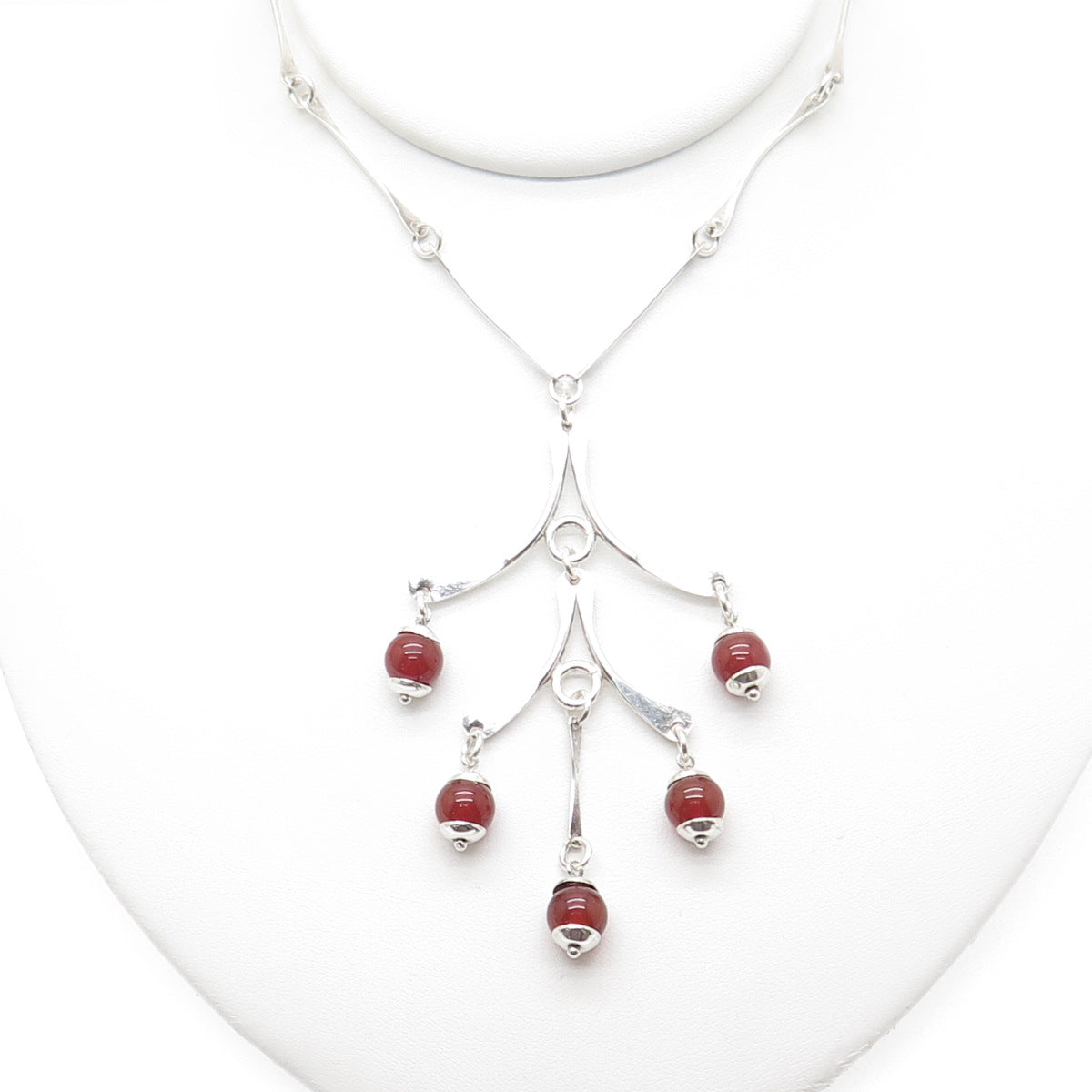 925 Sterling Silver Vintage Real Carnelian Modernist Chain Necklace 16"
