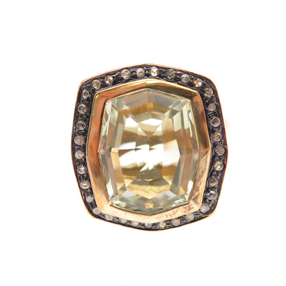 925 Sterling Silver Gold Plated Real Diamond & Green Amethyst Ring Size 4.75