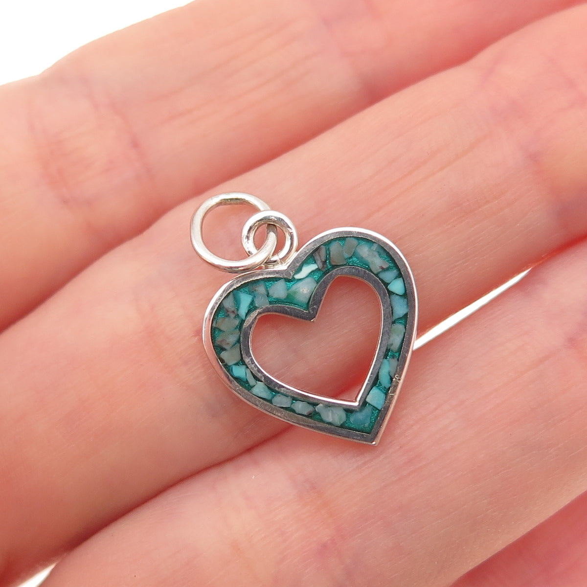 925 Sterling Silver Vintage Real Turquoise Inlay Open Heart Charm Pendant