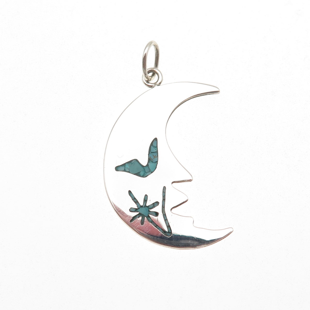 925 Sterling Silver Vintage Real Turquoise Inlay Crescent Moon Charm Pendant