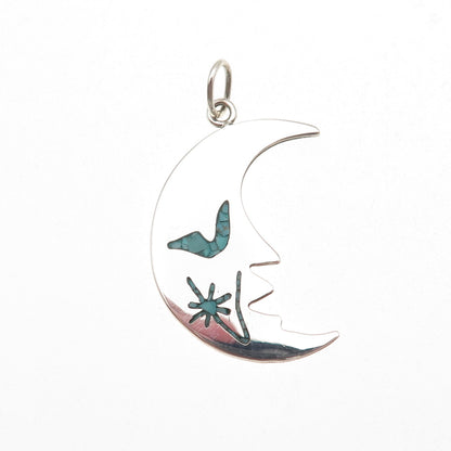 925 Sterling Silver Vintage Real Turquoise Inlay Crescent Moon Charm Pendant