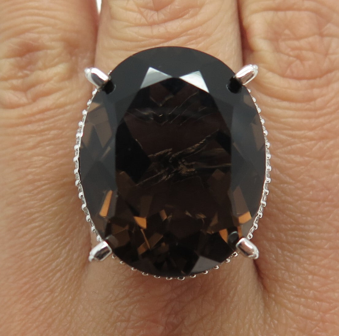 DSMK 925 Sterling Silver Large Smoky Quartz & White Topaz Gem Ring Size 7.25