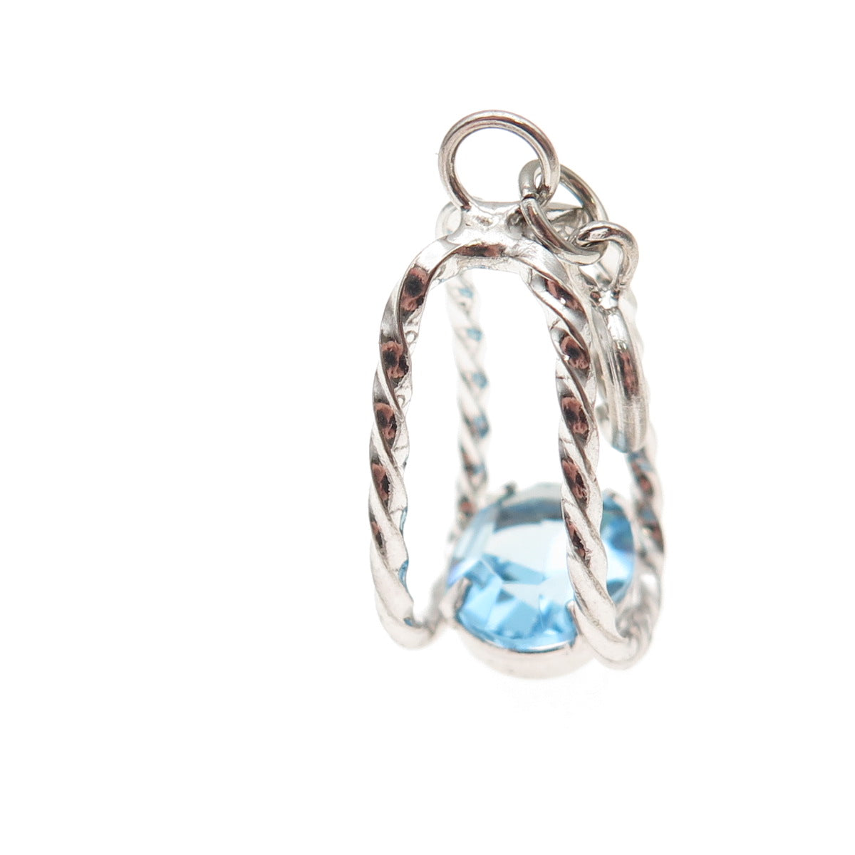 925 Sterling Silver Vintage Blue Rhinestone Cage Spring Ring Lock Charm Pendant