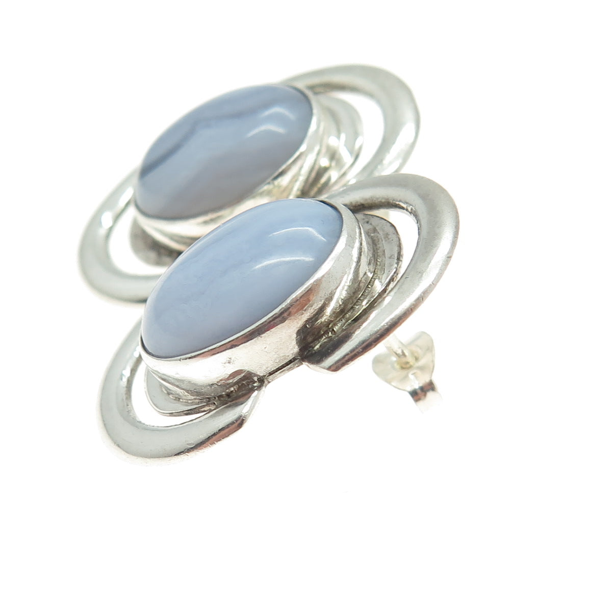 925 Sterling Silver Vintage Real Blue Lace Agate Modernist Earrings