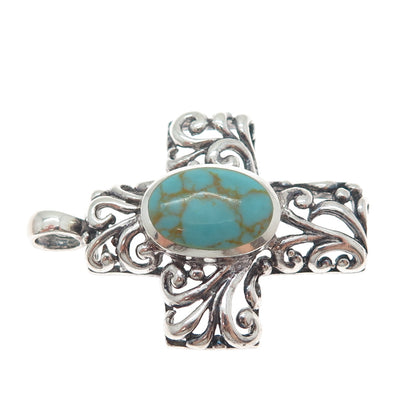 925 Sterling Silver Vintage Real Lone Mountain Turquoise Cross Charm Pendant