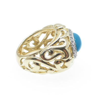 925 Sterling Silver Gold Plated Real Diamond Accent & Turquoise Ring Size 5.5