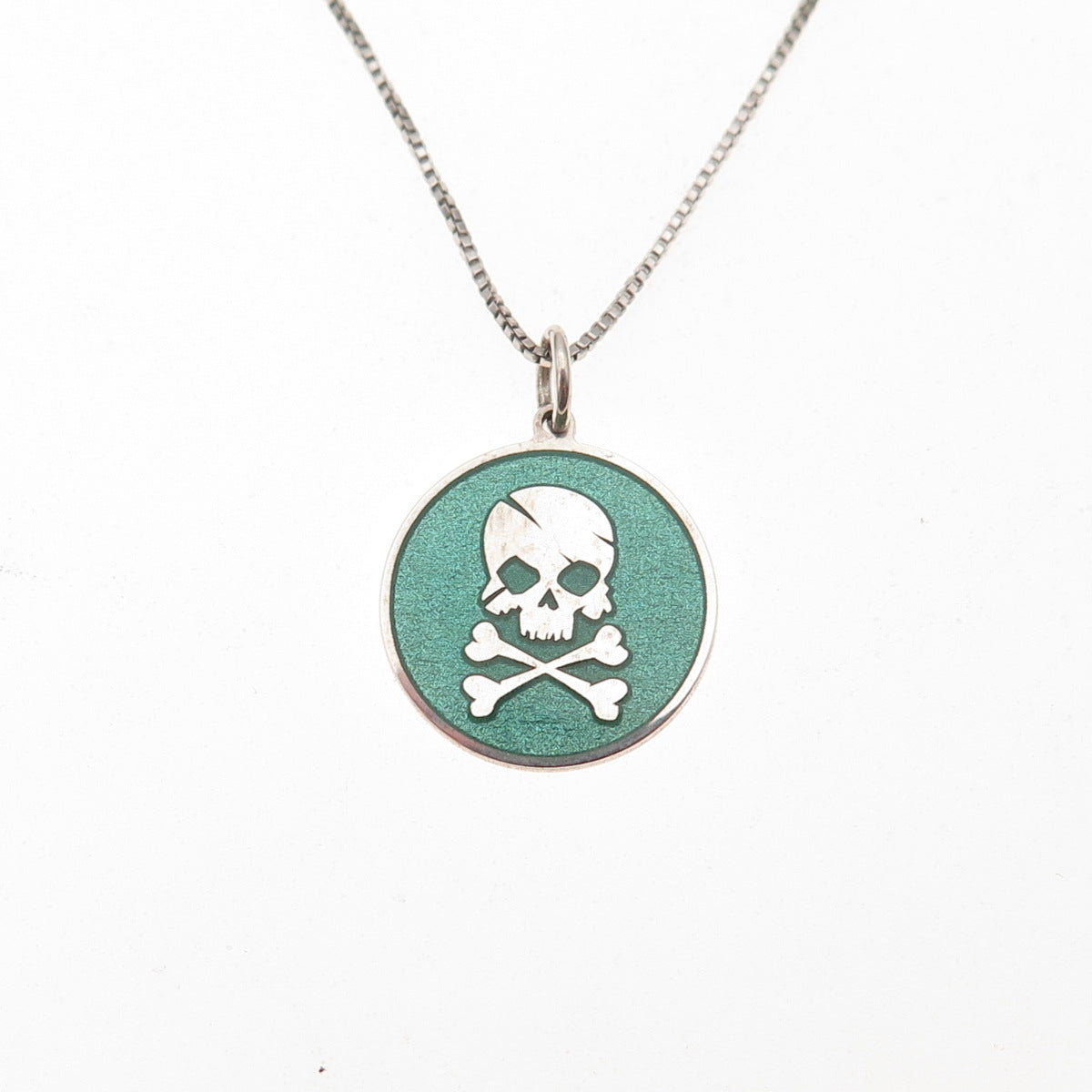 925 Sterling Silver Turquoise Enamel Skull & Crossbones Box Chain Necklace 18"