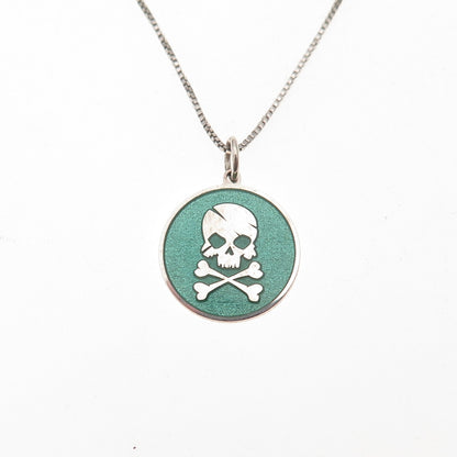 925 Sterling Silver Turquoise Enamel Skull & Crossbones Box Chain Necklace 18"