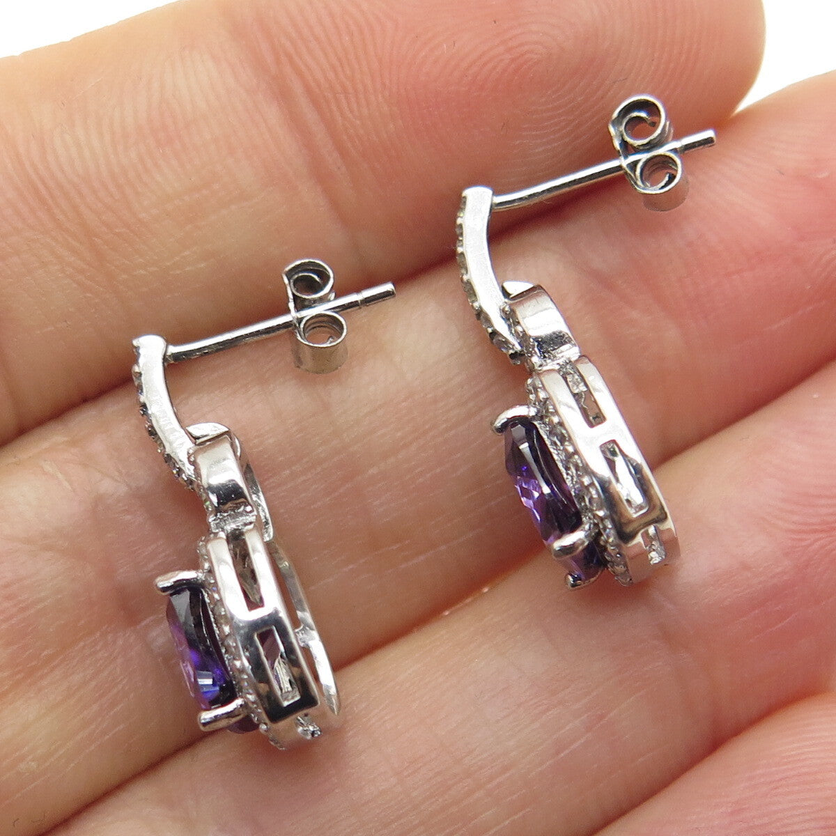 925 Sterling Silver Cushion & Round-Cut Purple White C Z Dangle Earrings