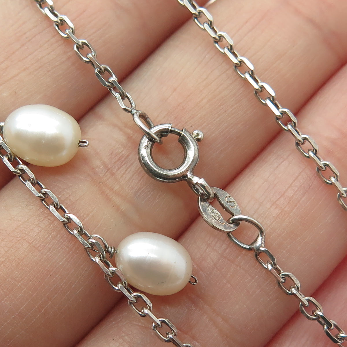 925 Sterling Silver Real Pearl Cable Chain Necklace 18"