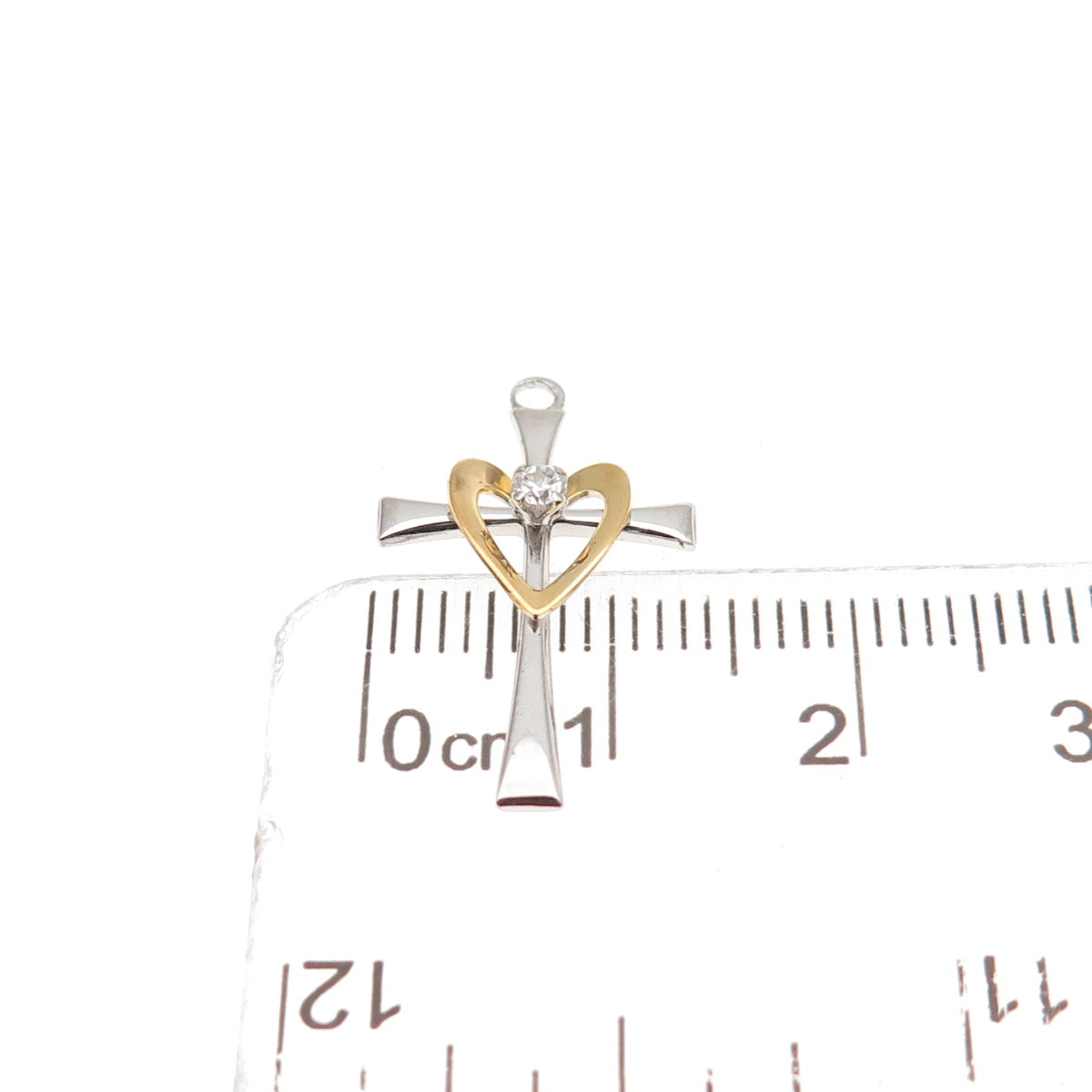 TRU-KAY 925 Sterling Silver 2-Tone C Z Heart Cross Mini Charm Pendant