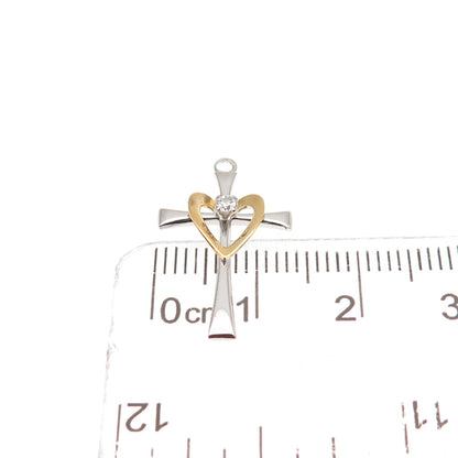 TRU-KAY 925 Sterling Silver 2-Tone C Z Heart Cross Mini Charm Pendant
