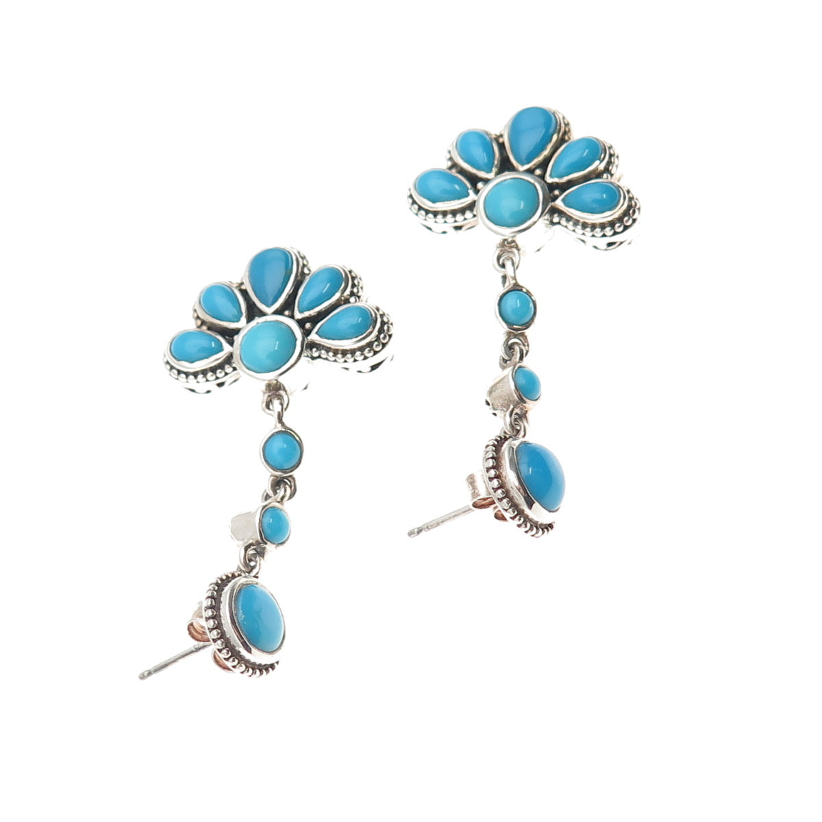 925 Sterling Silver Vintage Real Turquoise Floral Dangle Earrings
