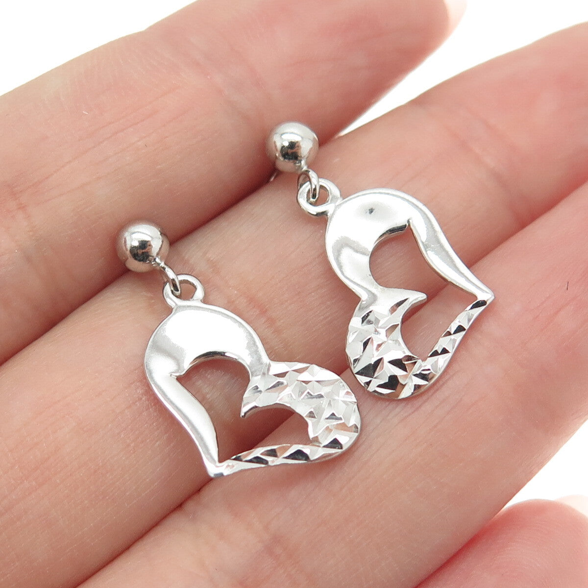 925 Sterling Silver Diamond-Cut Heart Dangle Earrings