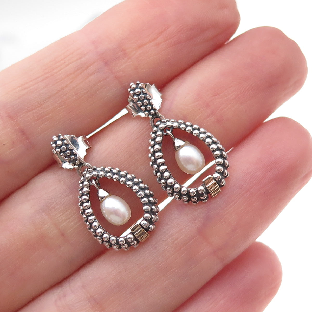 925 Sterling Silver 14K Gold Vintage Real Pearl Dotted Teardrop Dangle Earrings