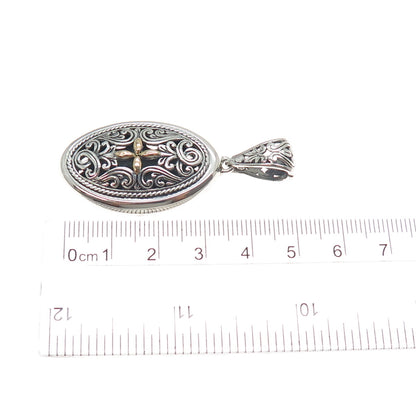 925 Sterling Silver & 18K Gold Vintage Ornate Flower Oxidized Charm Pendant