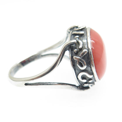 TED OTT 925 Sterling Silver Vintage Real Peach Agate Gem Ethnic Ring Size 9.75