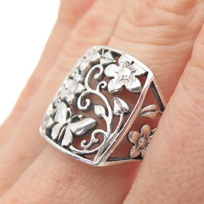 925 Sterling Silver Vintage Flower & Butterfly Ring Size 8