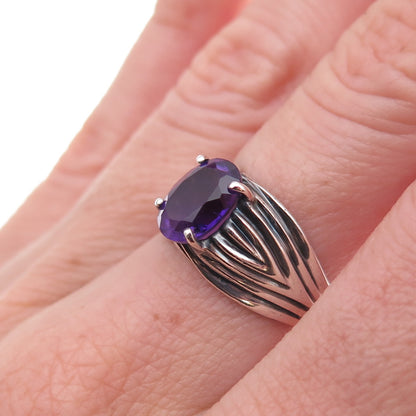 925 Sterling Silver Vintage Real Amethyst Modernist Oxidized Ring Size 7
