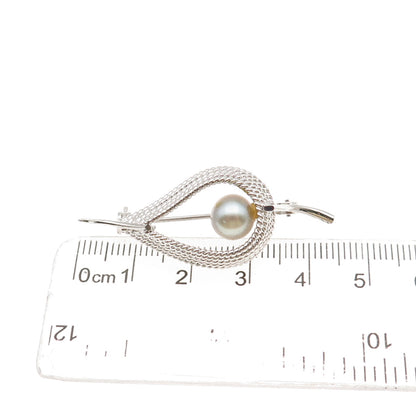 925 Sterling Silver Vintage Real Pearl Modernist Floral Pin Brooch