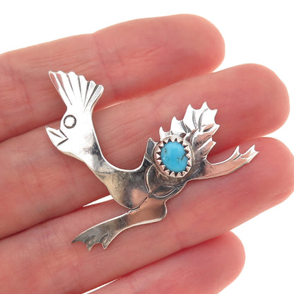 Handmade Indian Jewelry Old Pawn 925 Sterling Turquoise Roadrunner Pin Pendant