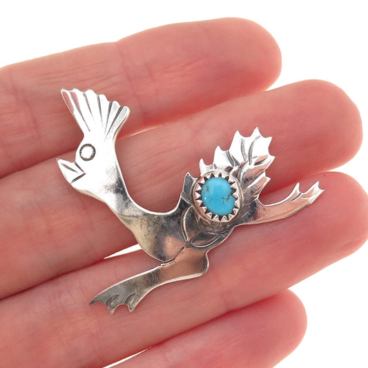 Handmade Indian Jewelry Old Pawn 925 Sterling Turquoise Roadrunner Pin Pendant