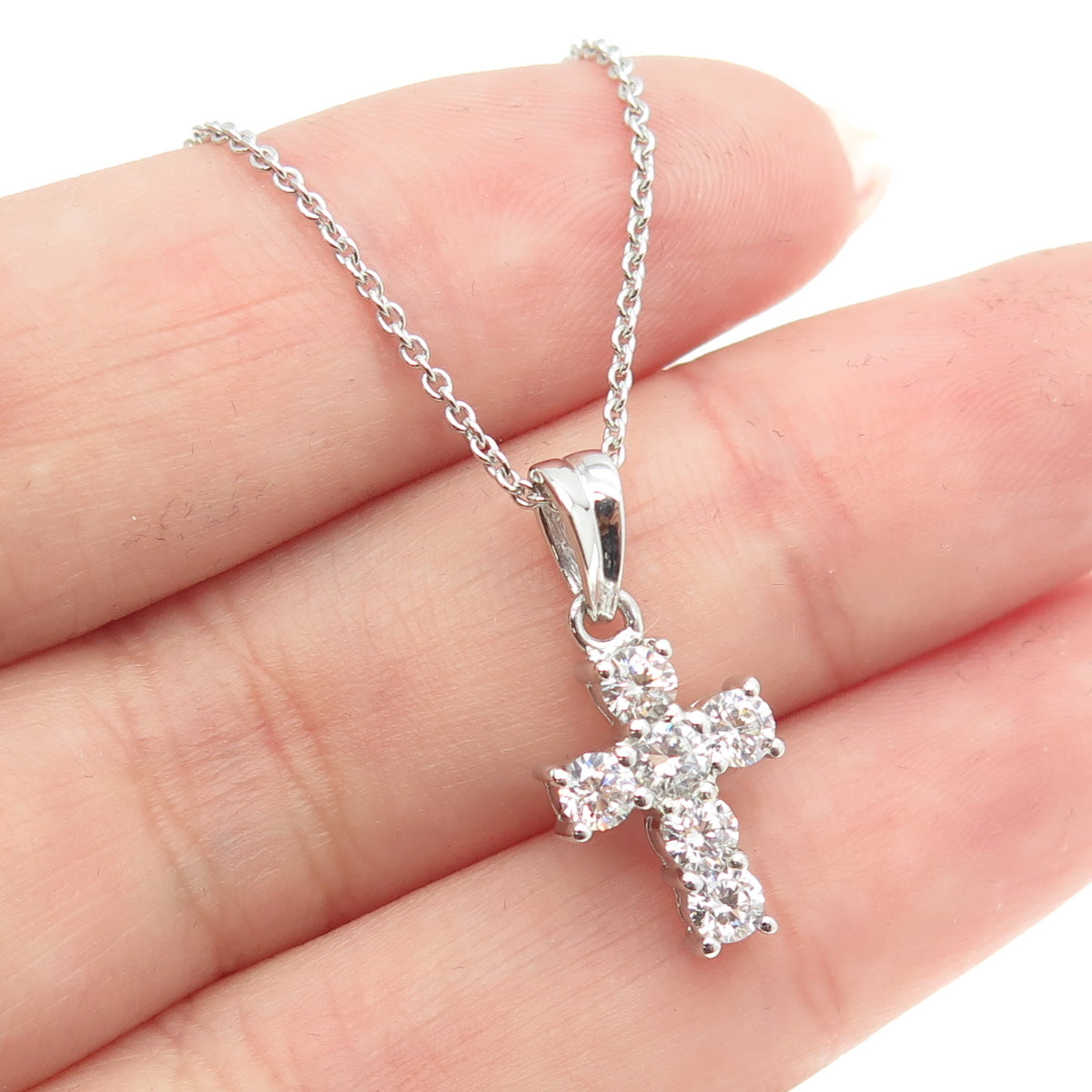 925 Sterling Silver Round-Cut Shaped C Z Cross Pendant Cable Chain Necklace 18"