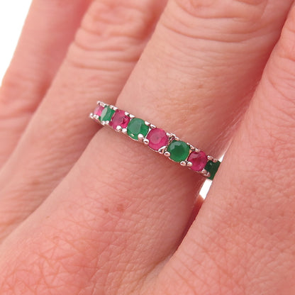 925 Sterling Silver Real Green & Pink Chalcedony Eternity Band Ring Size 7