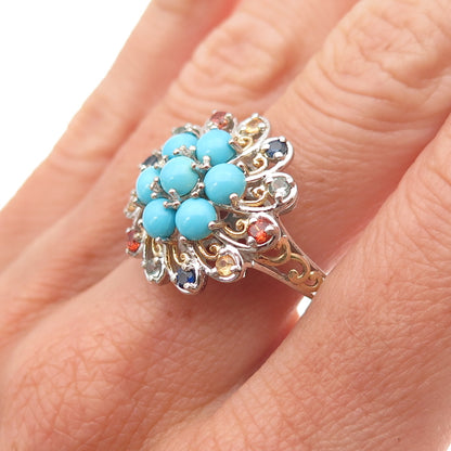 Chuck Clemency 925 Sterling 2-Tone Real Turquoise & Multi-Sapphire Ring Size 8
