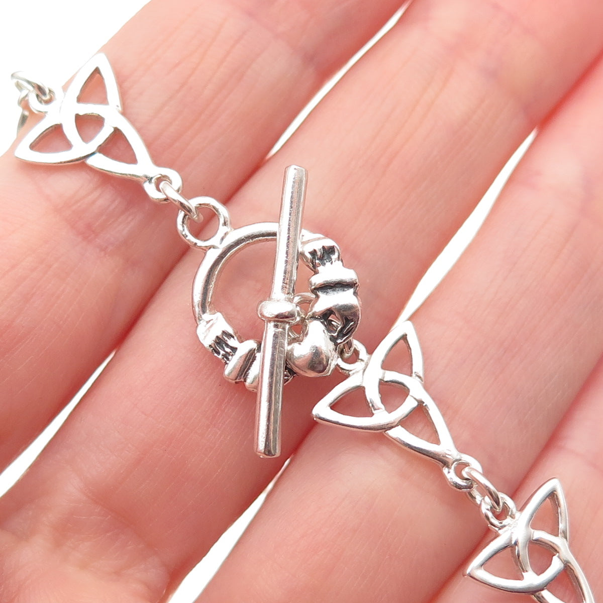 925 Sterling Silver Vintage Irish Claddagh Trinity Knot Link Bracelet 7.5"