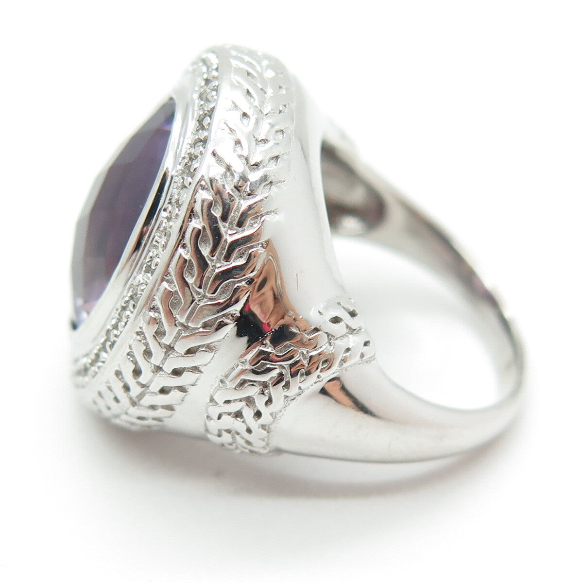925 Sterling Silver Amethyst & White Topaz Gem Engraved Dome Ring Size 7.25