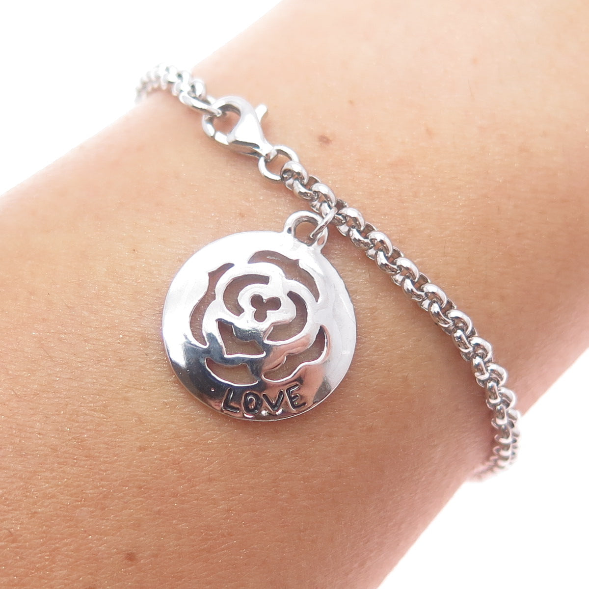 925 Sterling Silver Vintage Rose Flower Charm Rolo Link Bracelet 7.5"